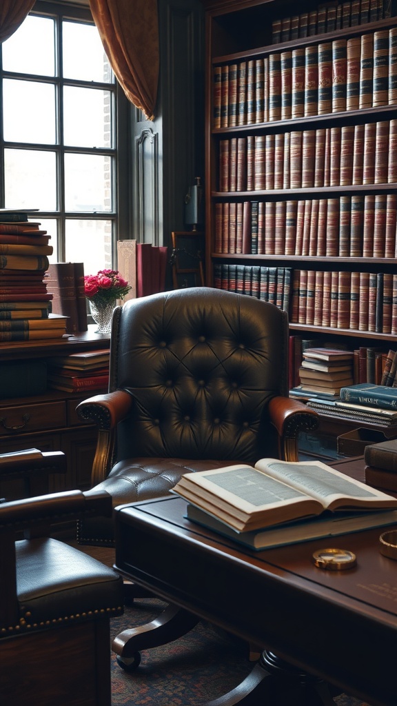 A luxurious home office featuring a leather armchair, wooden bookshelves filled with books, and a wooden desk.