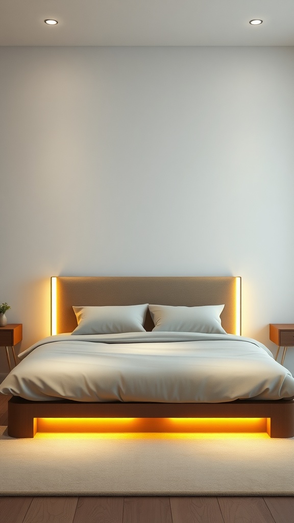 A modern bedroom with a backlit headboard illuminating the space.