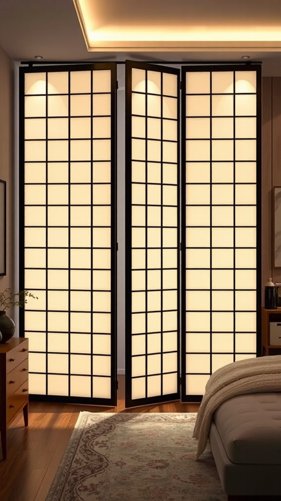 A set of LED illuminated folding screens in a stylish bedroom