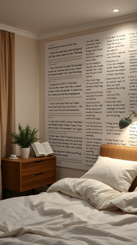 A cozy reading nook with LED light bars, a nightstand with a book and a plant, and soft bedding.