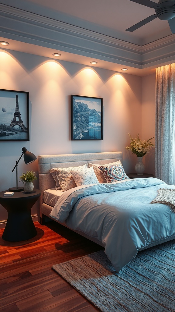 A cozy bedroom featuring LED lighting that highlights artwork on the walls, creating a warm and inviting atmosphere.