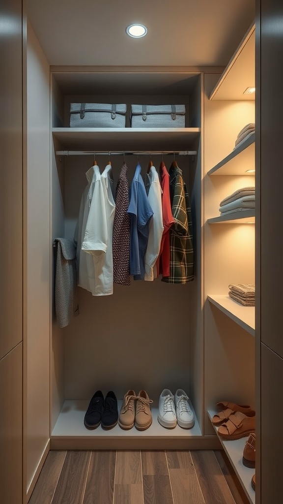 A well-organized wardrobe space with illuminating LED lights highlighting clothing and shoes.