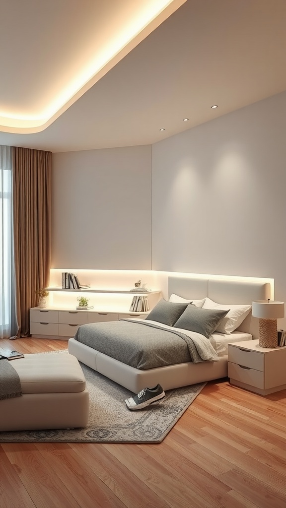 A modern bedroom with integrated LED lighting in furniture, featuring a softly lit headboard and shelves.