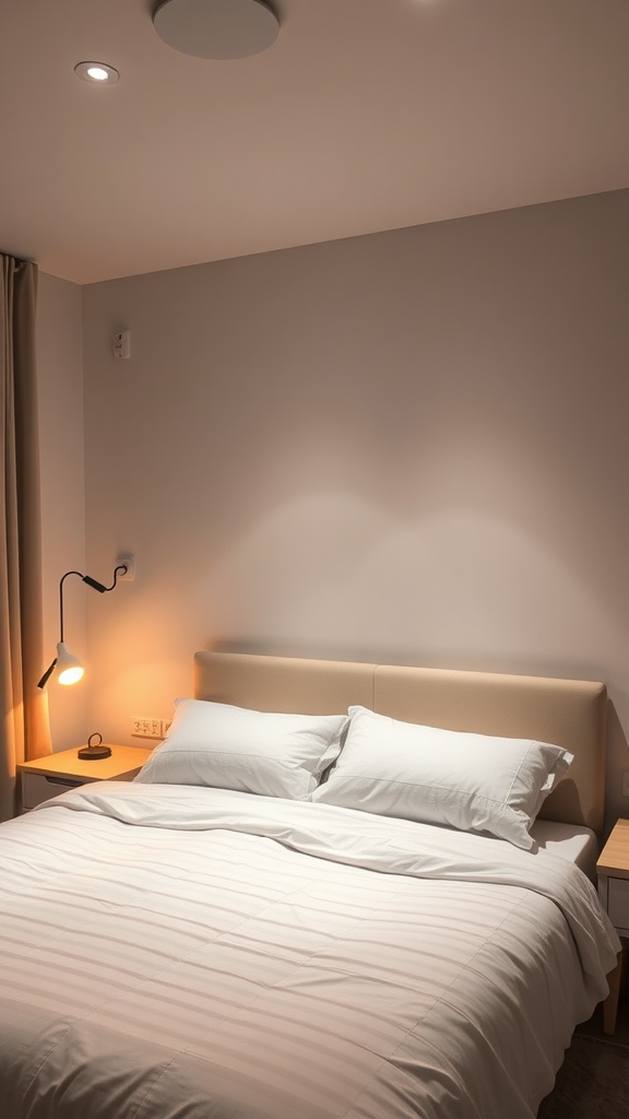 A cozy bedroom with a dimmable bedside lamp and ceiling lights.