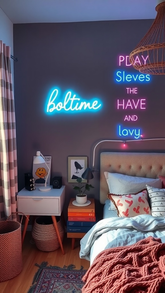 Colorful LED neon signs on the wall of a stylish bedroom