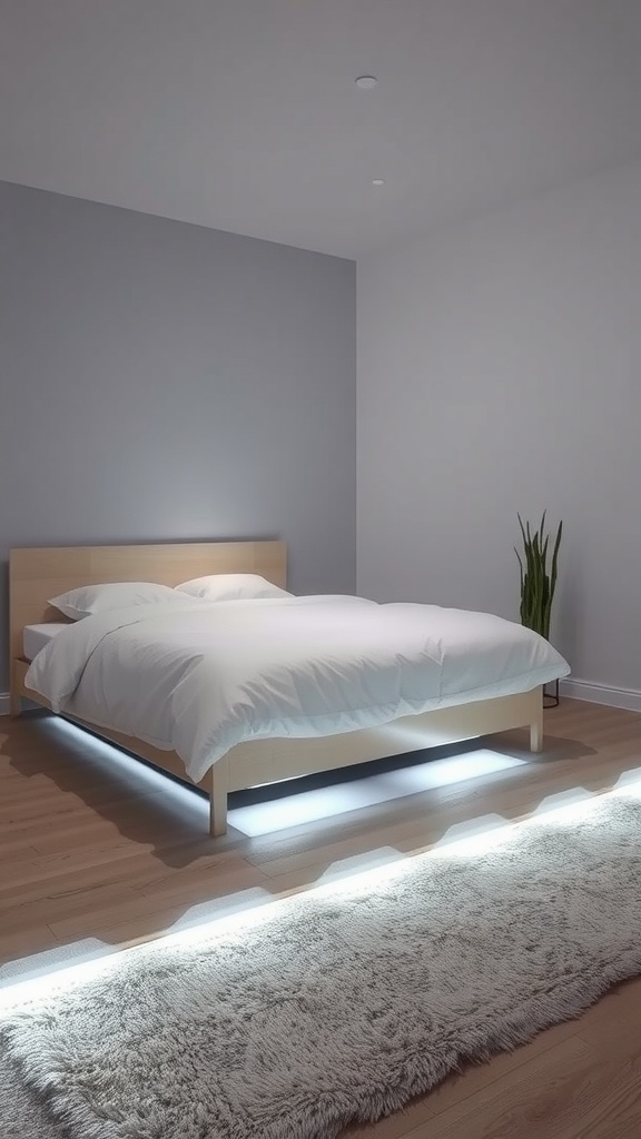 A bedroom featuring LED pathway lighting guiding to a bed, with a warm glow illuminating the space.