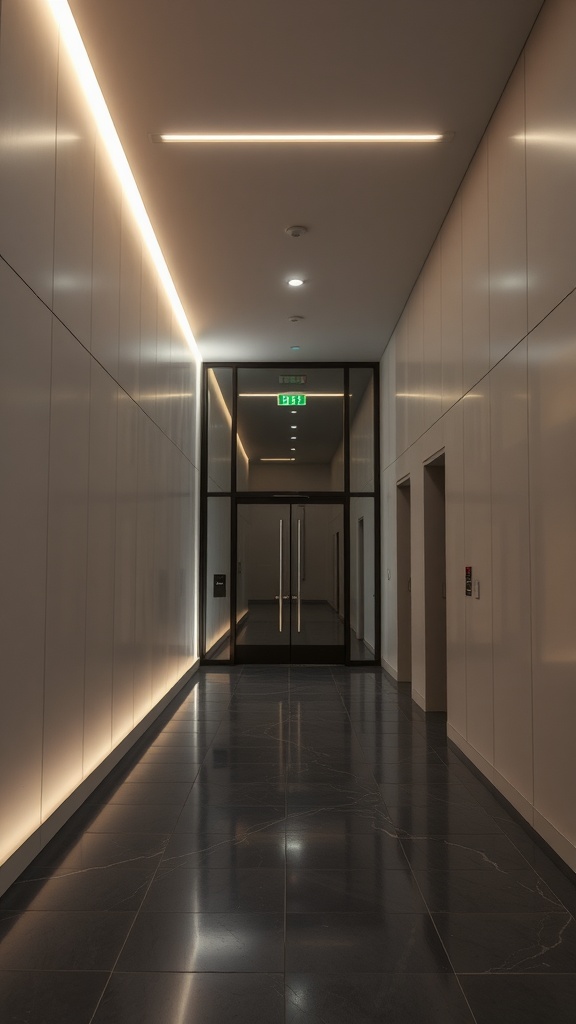 A modern entrance hallway with LED strip lighting along the walls