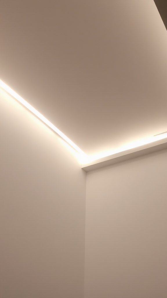 LED strip lighting softly illuminating a vaulted ceiling corner.