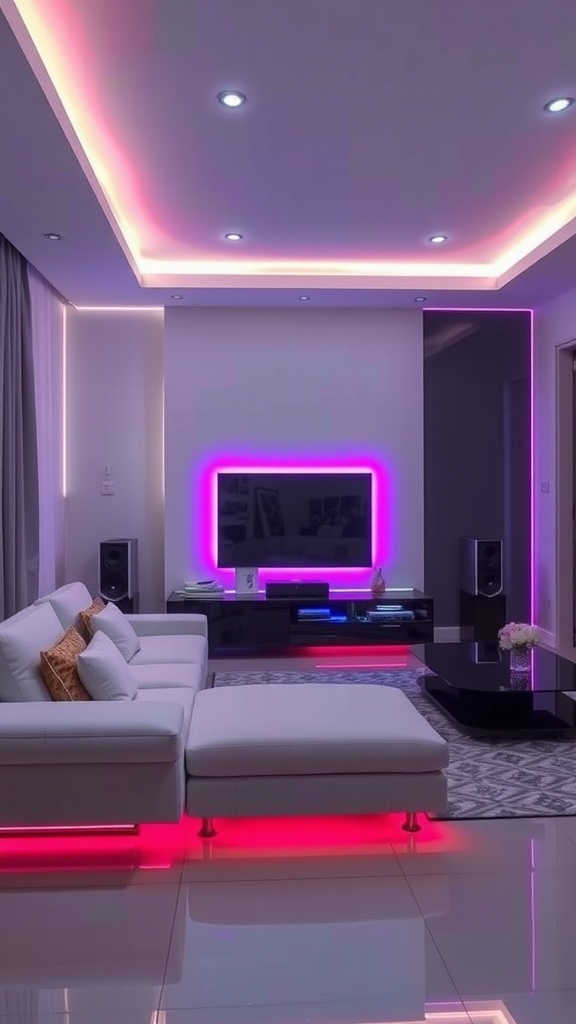 A living room featuring LED strip lights along the ceiling and behind furniture, showcasing a cozy and colorful ambiance.