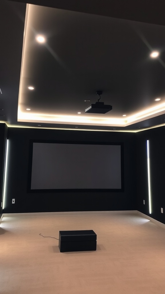 A modern room with LED strip lights accentuating corners and a projector screen.