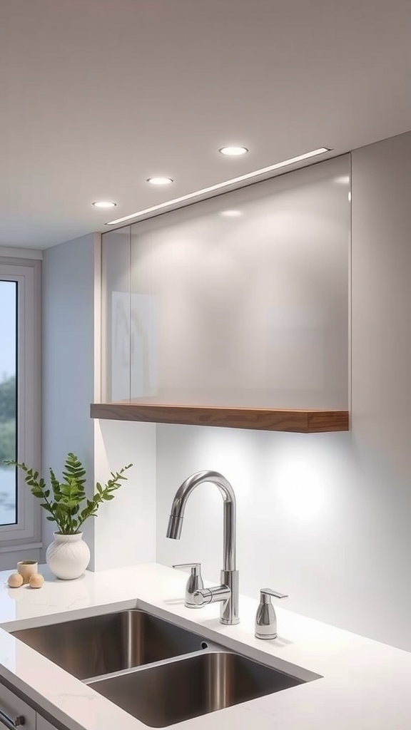 A modern kitchen sink area featuring LED strip lights above the sink, complemented by a stylish faucet and minimalistic decor.