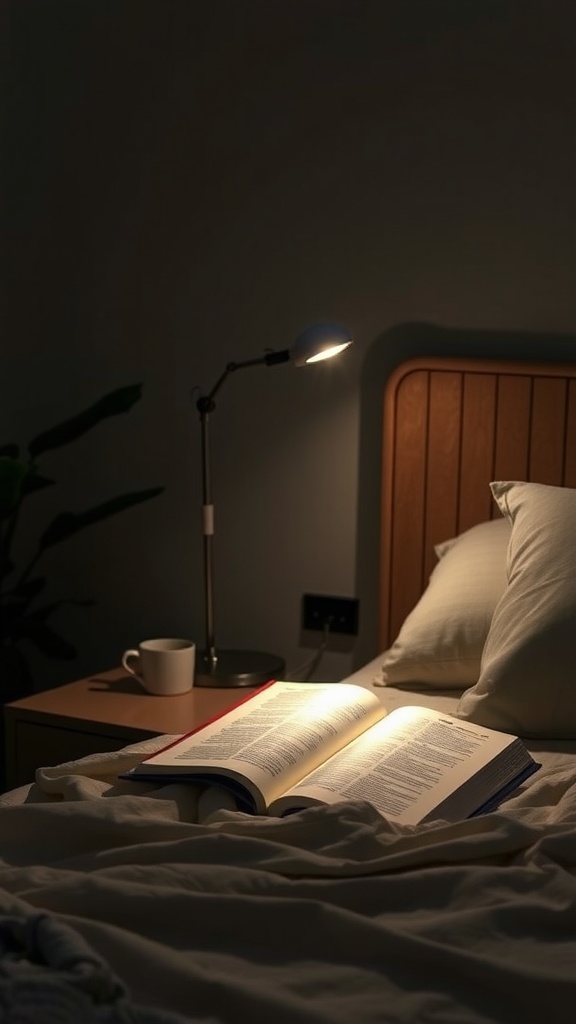 A cozy bedside setup featuring an illuminated book, a lamp, and a cup on a nightstand.