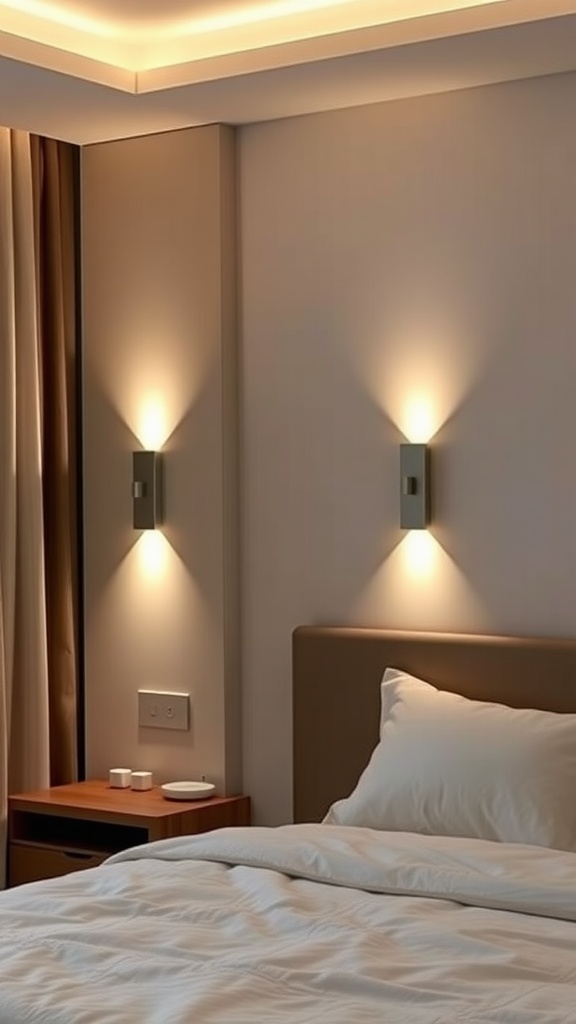 A cozy bedroom featuring two LED wall sconces beside the bed, providing warm ambient lighting.