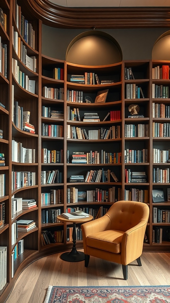 A cozy library featuring a curved wooden bookshelf filled with books, an orange armchair, and a small table.