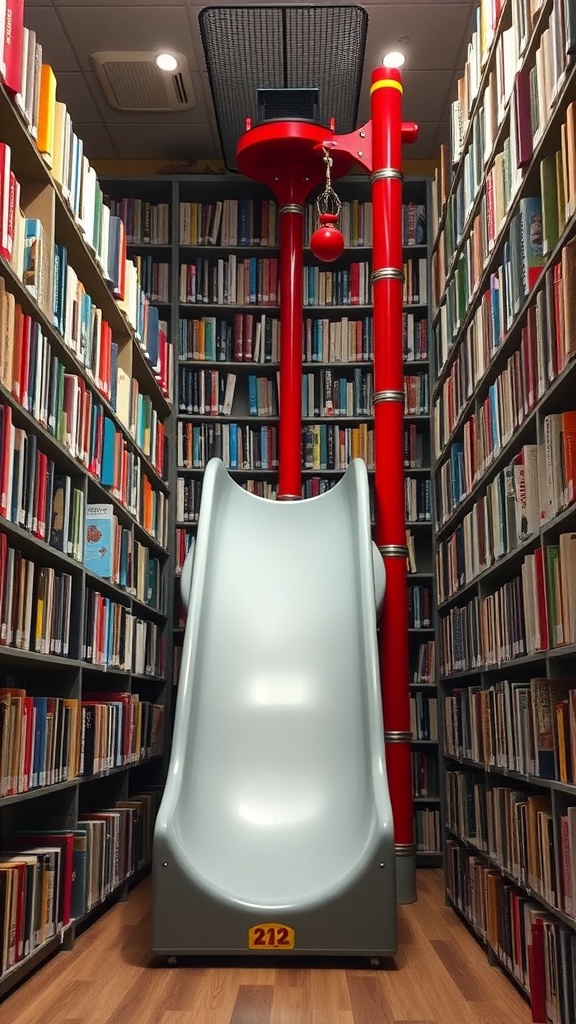 A modern library featuring a fireman's pole surrounded by bookshelves