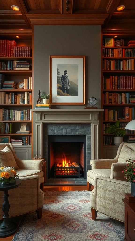 A cozy library featuring a fireplace, two armchairs, and bookshelves filled with colorful books.