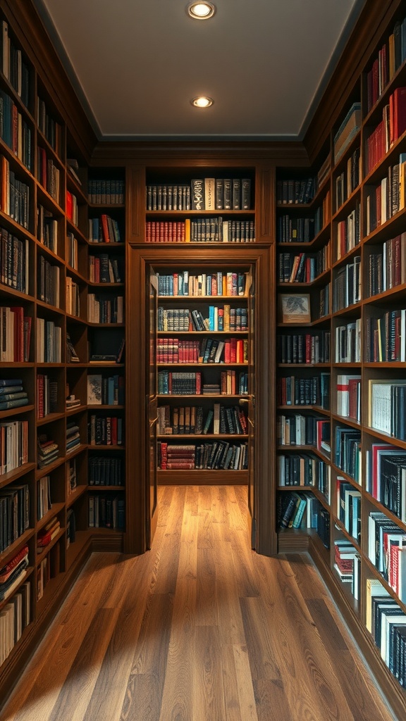 A cozy library with wooden shelves filled with books and a secret door