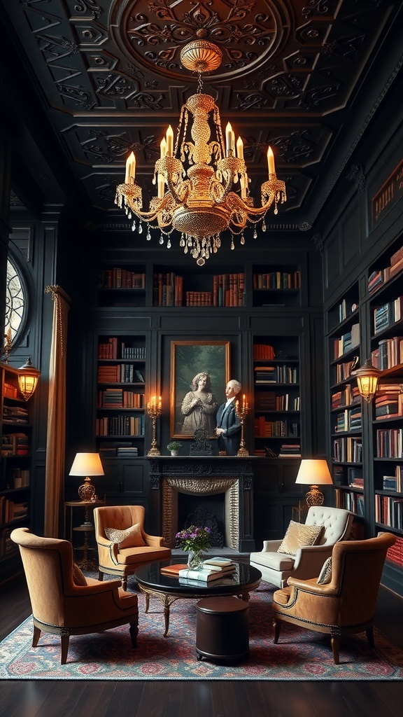 Library featuring a stunning chandelier, dark wood bookshelves, cozy seating, and decorative statue.