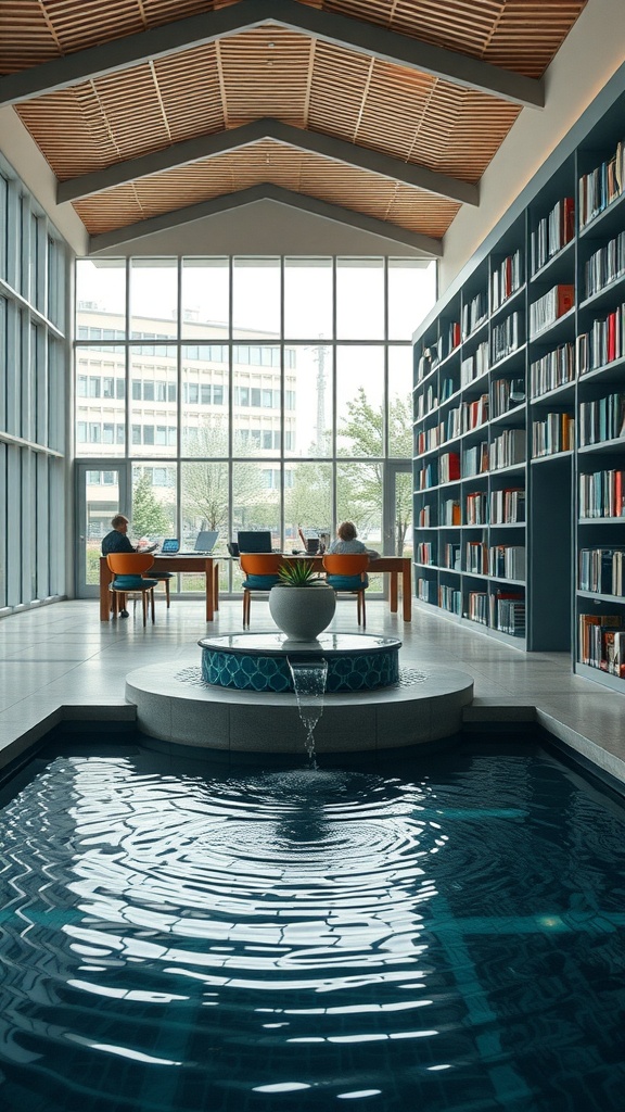 A modern library featuring a central water fountain, large windows, and comfortable seating arrangements.