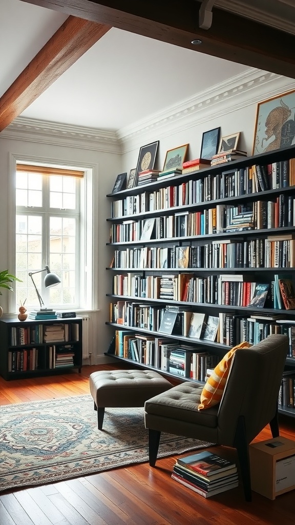 Cozy library with a black book wall filled with colorful books and a comfortable reading chair