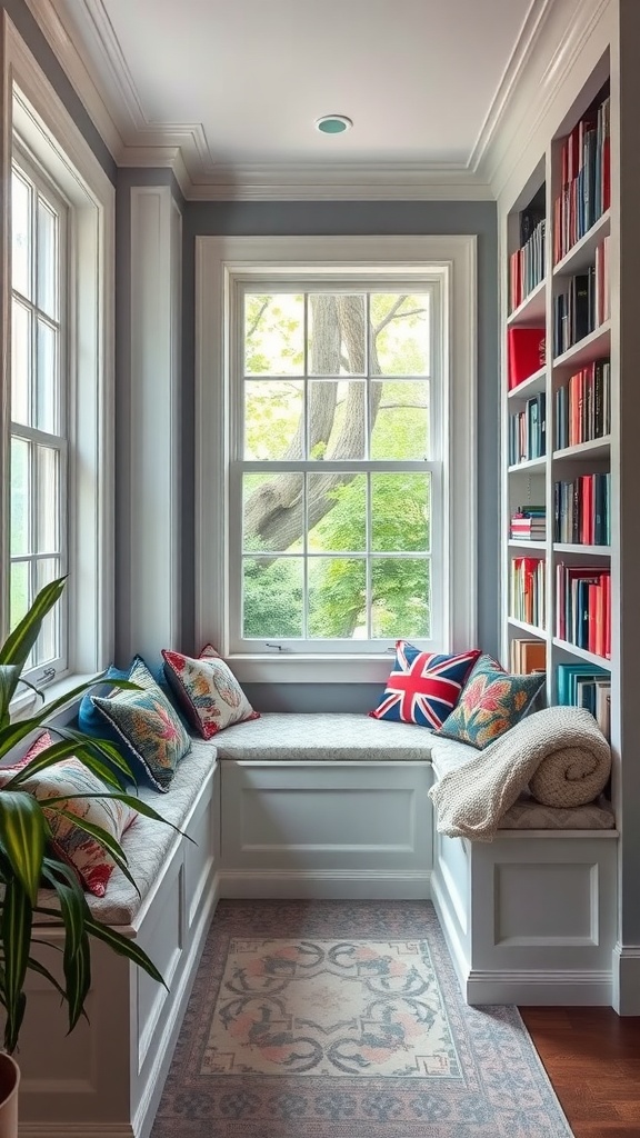 Cozy library corner with built-in window seats, colorful bookshelves, and cushions.