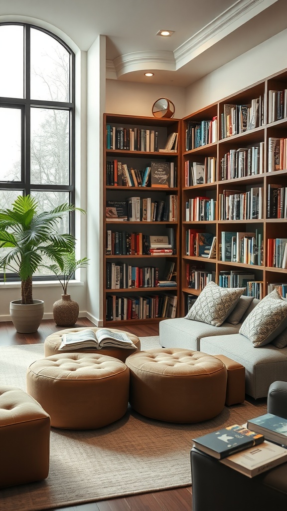 Cozy home library with ottoman seating and large bookshelves