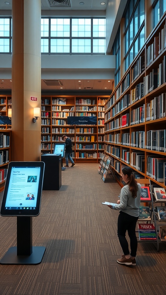 A modern library featuring tall bookshelves, bright windows, and interactive digital displays.