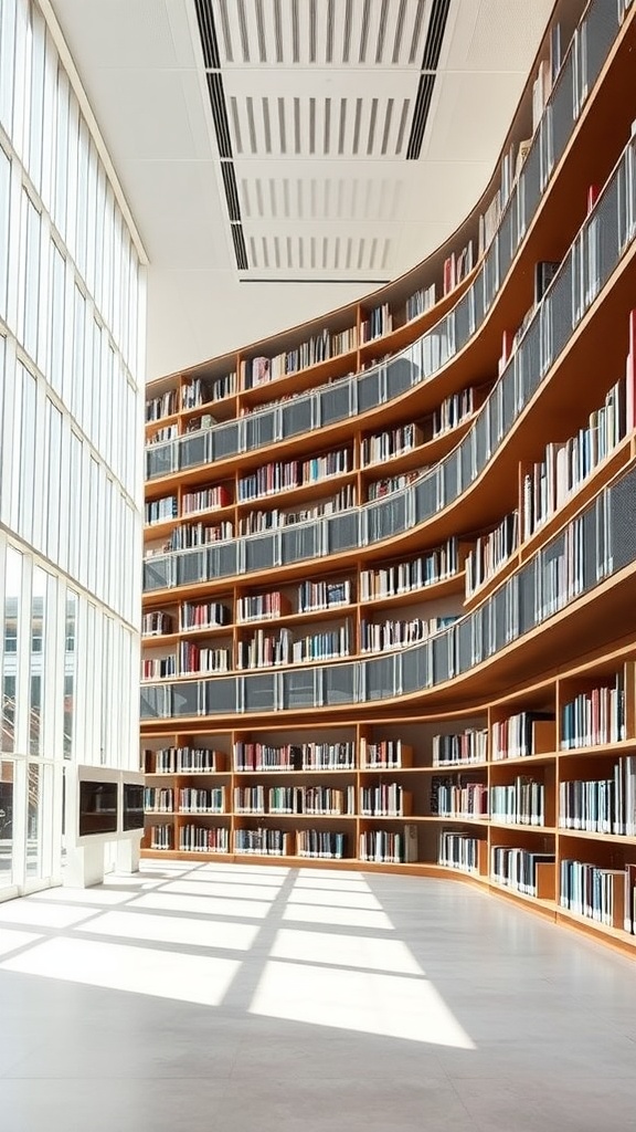 A modern library featuring multi-level shelving with warm wood tones and large windows providing natural light.