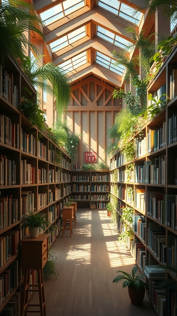 A brightly lit library with wooden shelves filled with books and lush green plants.