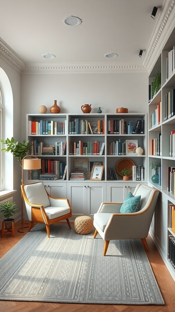 Cozy home library with personalized reading stations, featuring comfortable chairs, bookshelves, and decorative elements.