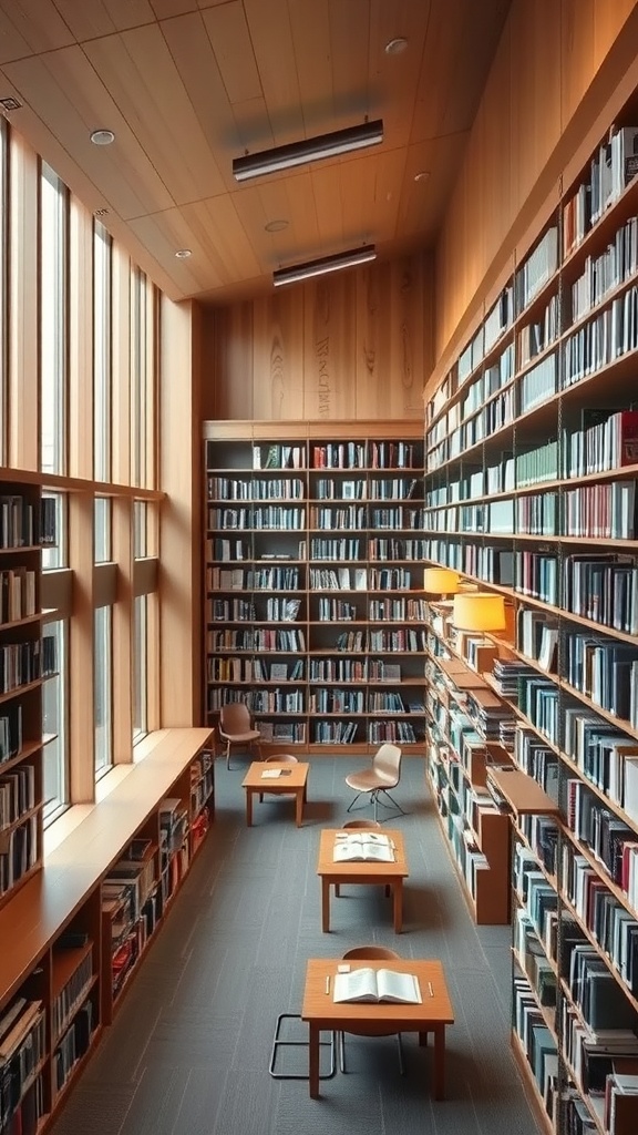 Interior of a modern library with wooden shelves filled with books and a sunken reading area