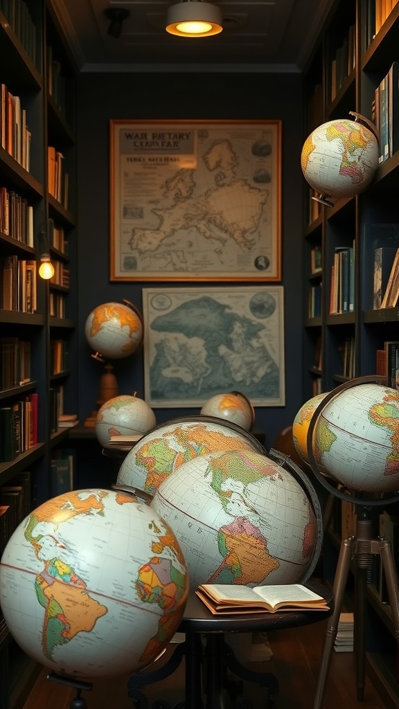 A cozy library featuring vintage globes and maps on the walls, with bookshelves and an open book on a small table.
