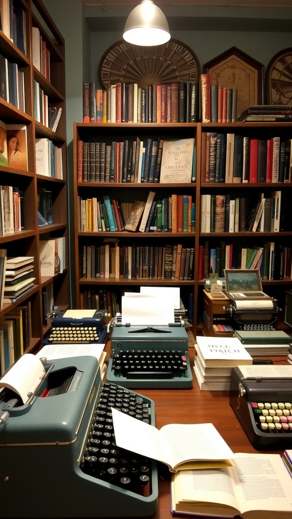 A cozy library featuring vintage typewriters on wooden tables, surrounded by bookshelves filled with books.