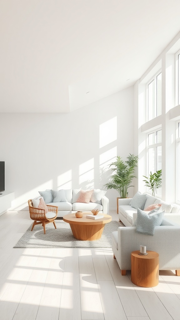A bright, airy modern farmhouse living room featuring large windows, light-colored furniture, and natural elements.