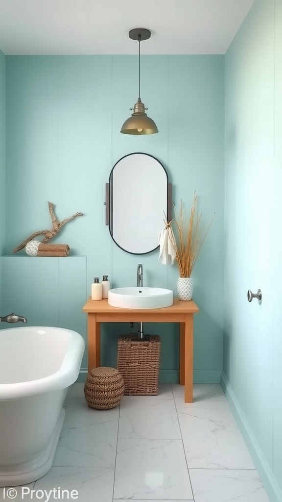 A serene bathroom with light aquamarine walls, driftwood accents, and modern fixtures.