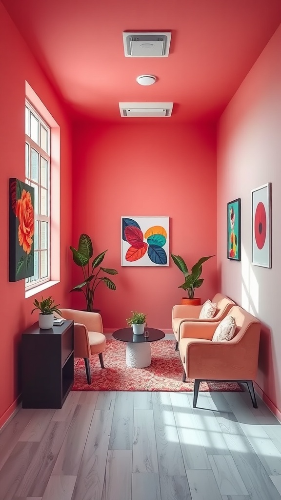 A small room painted in light coral with cozy seating and decorative plants.
