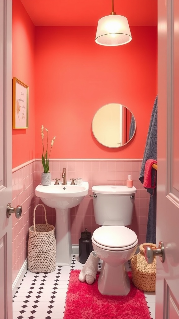 A small bathroom with light coral walls, white fixtures, and colorful accessories.