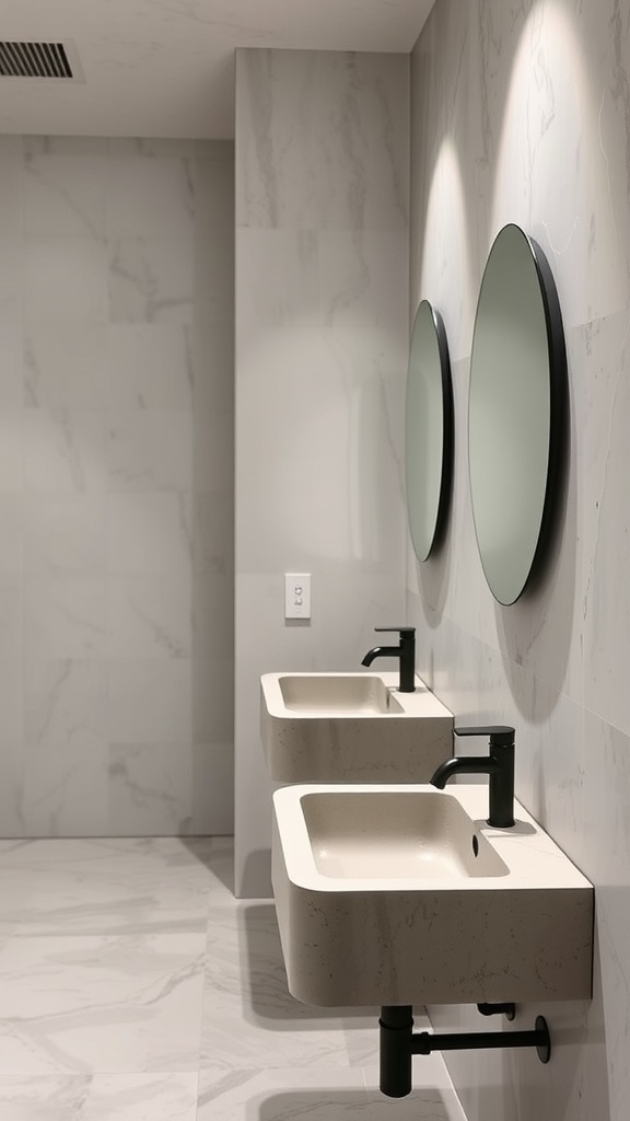Modern light gray concrete sinks with round mirrors in a stylish bathroom