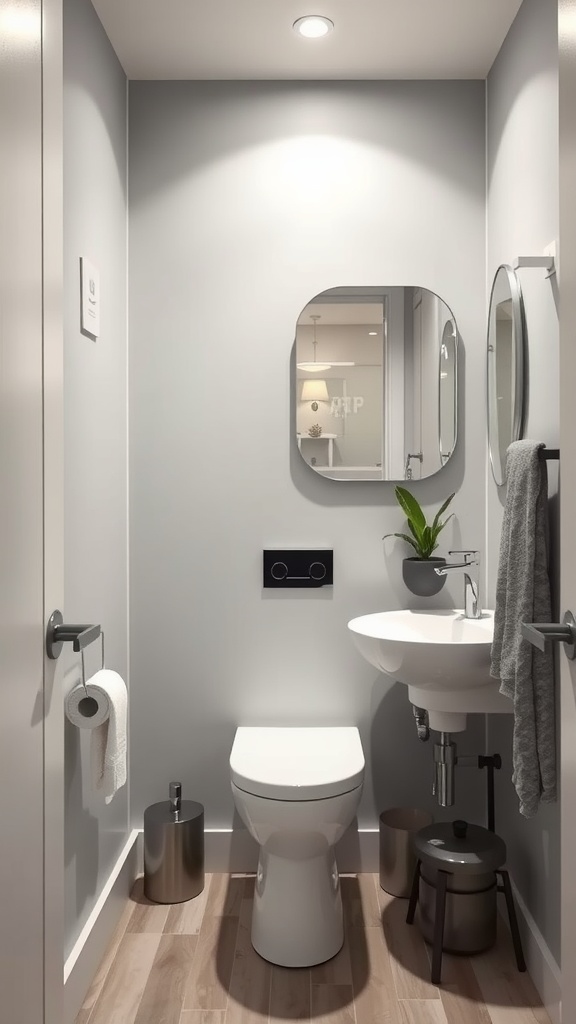 A modern small bathroom with light gray walls, a round mirror, and minimalistic decor.