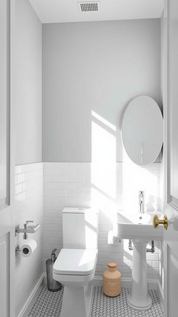 Small bathroom with light gray walls and white fixtures, showcasing a bright and airy atmosphere