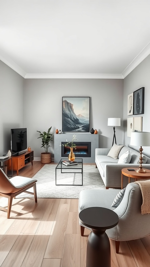 A cozy living room with light gray walls, modern furniture, and a touch of greenery.
