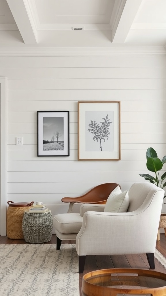 Living room with light grey shiplap walls, a cozy chair, and framed artwork.
