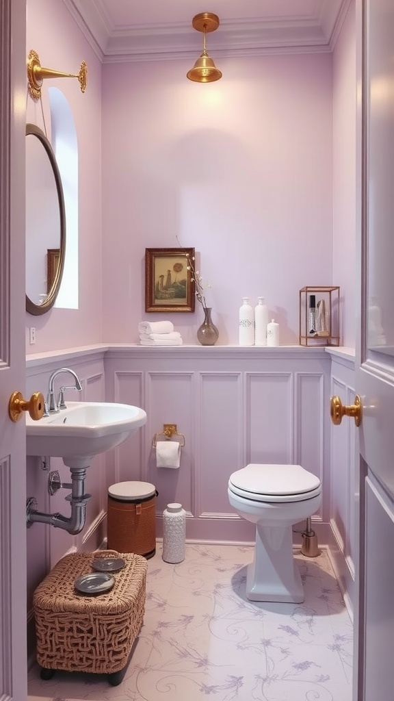 Small bathroom featuring light lavender walls, elegant fixtures, and modern decor.