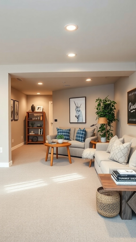 Cozy basement with light taupe walls, showcasing comfortable furniture and decor