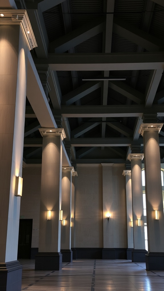 Interior view of a spacious room with lighted columns and beams, featuring a high ceiling