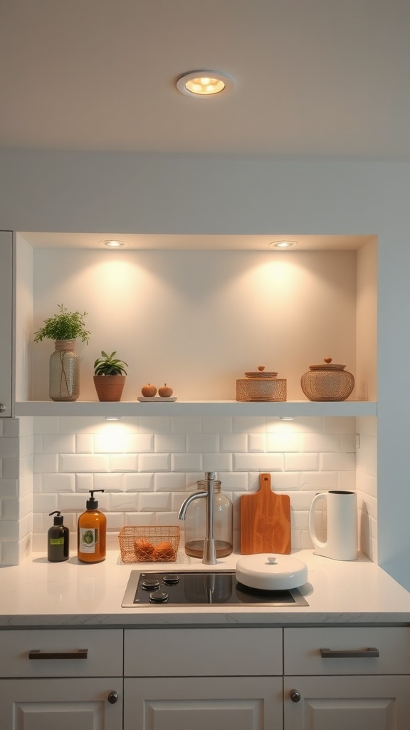 Well-lit open kitchen shelf displaying plants and kitchen items