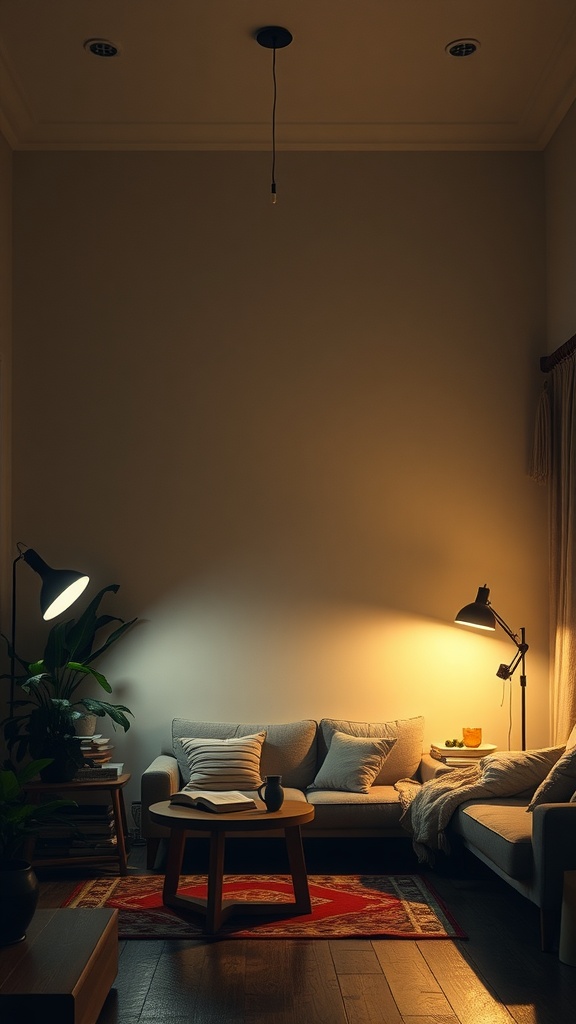 Cozy living room with a couch, coffee table, and warm lighting from various lamps