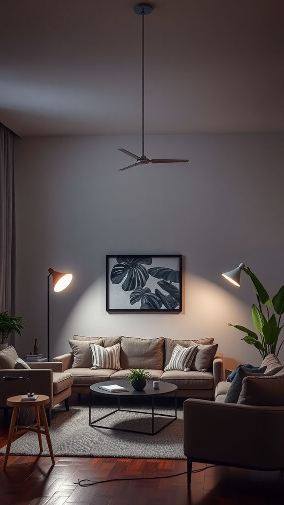 A cozy living room with layered lighting from a ceiling fan and floor lamps, featuring a comfortable sofa, a coffee table, and decorative plants.