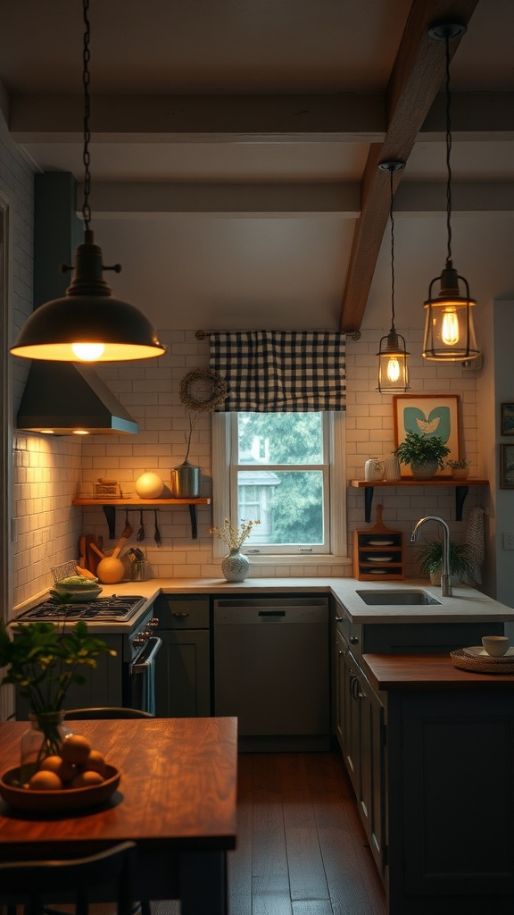 A warm and cozy kitchen with pendant lights, wooden beams, and a bright window.