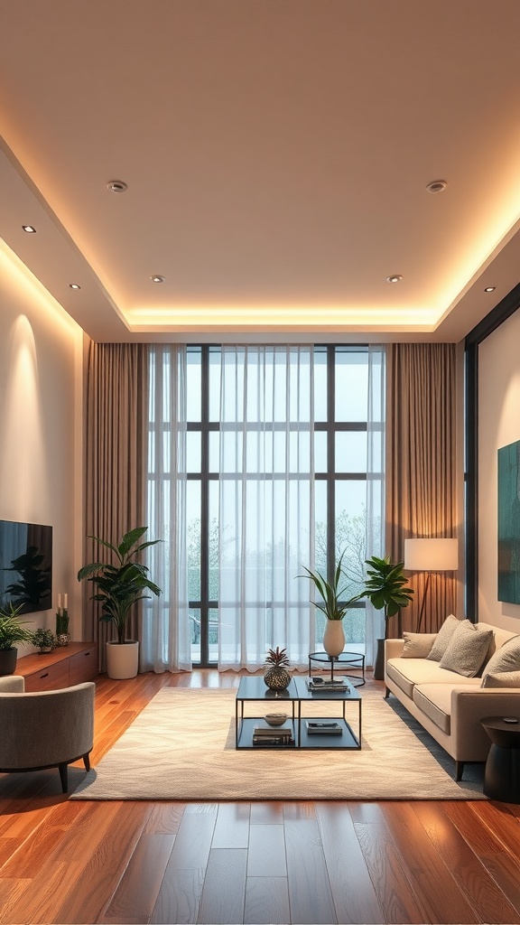 A modern living room with smart lighting, featuring large windows, recessed lights, and warm wooden flooring.